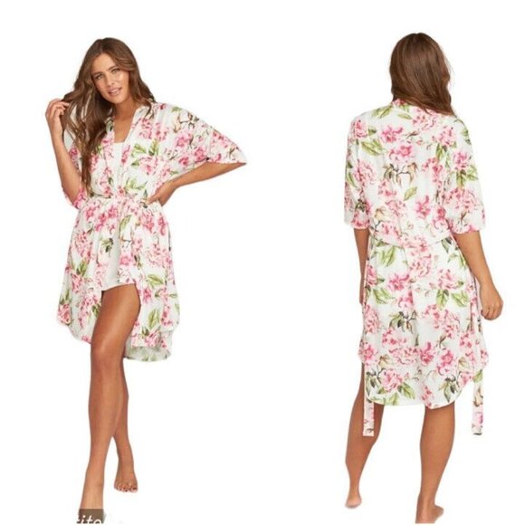 Show Me Your Mumu White Pink Floral Brie Wrap Robe Dress One Size Fits Most - Picture 1 of 7